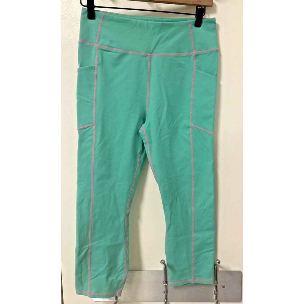Tuckernuck Sport Women‎ Size Medium HR Crop Compression Leggings Green Pink Trim